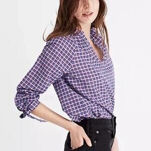 Madewell Blue Red Tie-Sleeve Linen Blend Top in Plaid Size - M